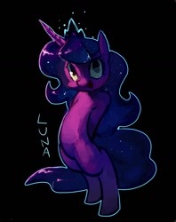 Size: 1092x1382 | Tagged: safe, artist:derekireba, princess luna, alicorn, pony, belly, bipedal, black background, cute, female, filly, hooves behind back, looking at you, mare, name, open mouth, outline, pixiv, simple background, smiling, solo, woona