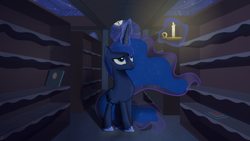 Size: 2560x1440 | Tagged: safe, artist:regolithx, princess luna, alicorn, pony, candle, library, magic, solo