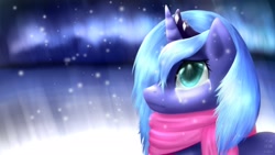 Size: 1920x1080 | Tagged: safe, artist:iokusanagi, princess luna, alicorn, pony, clothes, crying, scarf, snow, snowfall, solo