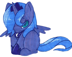 Size: 1160x924 | Tagged: safe, artist:slightinsanity, princess luna, alicorn, pony, cute, female, filly, lunabetes, s1 luna, shy, simple background, sitting, solo, traditional art, transparent background, woona, younger