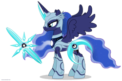 Size: 7500x5000 | Tagged: safe, artist:larsurus, princess luna, alicorn, pony, absurd resolution, armor, armored chest, armored hooves, armored pony, ethereal mane, female, frown, glaive, glare, luna is not amused, magic, moon sigil, moon weapon, serious, serious face, sickle, simple background, solo, spread wings, starry night, sword, telekinesis, transparent background, unamused, vector, warrior luna, weapon, wings