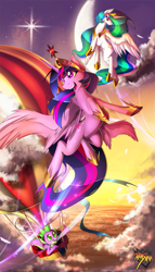 Size: 731x1280 | Tagged: safe, artist:dansyron, princess celestia, spike, twilight sparkle, twilight sparkle (alicorn), alicorn, dragon, pony, female, hot air balloon, mare