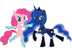 Size: 900x636 | Tagged: safe, artist:unclesnail, pinkie pie, princess luna, alicorn, earth pony, pony, clothes, simple background, socks