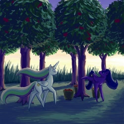 Size: 1600x1600 | Tagged: safe, artist:dahtamnay, princess celestia, princess luna, alicorn, pony, applebucking, garden