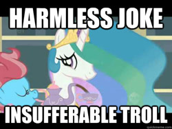 Size: 480x360 | Tagged: safe, screencap, princess celestia, alicorn, pony, a bird in the hoof, caption, ei, hub logo, image macro, trollestia