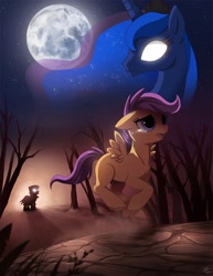 Size: 903x1172 | Tagged: safe, artist:ruhje, olden pony, princess luna, scootaloo, alicorn, pony, sleepless in ponyville, crying, dream, glowing eyes, moon, shadow