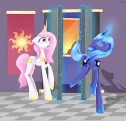 Size: 2043x1962 | Tagged: safe, artist:lairai, princess celestia, princess luna, alicorn, pony, crying, door, magic, pink-mane celestia, sad, shocked, younger