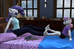 Size: 3000x2000 | Tagged: safe, artist:tahublade7, rarity, sweetie belle, anthro, plantigrade anthro, 3d, barefoot, bed, book, clock, clothes, daz studio, feet, fetish, foot fetish, footsie, framed picture, glasses, jeans, pants