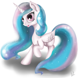 Size: 2000x2000 | Tagged: safe, artist:alicekvartersson, princess celestia, alicorn, pony, female, horn, mare, missing accessory, multicolored mane, multicolored tail, solo, white coat, white wings, wings