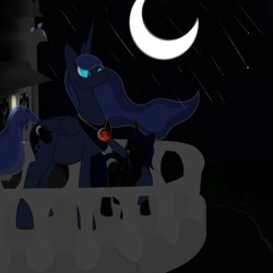 Size: 1280x1280 | Tagged: safe, artist:m-p-l, princess luna, oc, alicorn, pony, castle, foal, night, pregnant