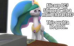 Size: 960x600 | Tagged: safe, artist:pinkie diane roosevelt phd, princess celestia, alicorn, pony, 3d, computer, gmod, hilarity ensues, it begins, reaction image, solo