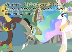 Size: 676x486 | Tagged: safe, discord, princess celestia, alicorn, draconequus, pony, keep calm and flutter on, bowing, dungeons and dragons, female, implied explosion, insane pony thread, letter, male, mare, tumblr