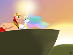 Size: 2048x1536 | Tagged: safe, artist:bronypanda, princess celestia, oc, alicorn, pony, alicorn oc, female, male, shipping, straight, sunset