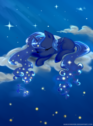 Size: 800x1076 | Tagged: safe, artist:maroonriver, princess luna, alicorn, pony, cloud, cloudy, filly, prone, sleeping, solo, woona