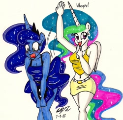 Size: 1226x1203 | Tagged: safe, artist:newyorkx3, princess celestia, princess luna, anthro, assisted exposure, belly button, blushing, cleavage, clothes, covering, dress, embarrassed, embarrassed underwear exposure, female, humiliation, midriff, skirt, skirt lift, traditional art