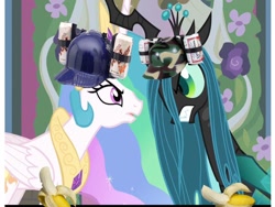 Size: 1024x768 | Tagged: safe, princess celestia, queen chrysalis, alicorn, changeling, changeling queen, pony, alcohol, banana, beer, female, food, hat, meme