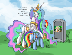 Size: 1280x985 | Tagged: safe, princess celestia, rainbow dash, alicorn, pegasus, pony, bianca, bitchlestia, butt, celestia's grave meme, crying, exploitable meme, female, grave, implied death, mare, meme, plot, pokémon