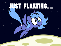 Size: 1461x1116 | Tagged: safe, artist:strangiesleepy, princess luna, alicorn, pony, caption, floating, i have done nothing productive all day, moon, s1 luna, solo, space, wide eyes, woona