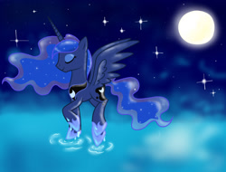 Size: 1597x1214 | Tagged: safe, artist:twistare, princess luna, alicorn, pony, eyes closed, moon, night, solo, water