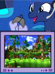 Size: 563x767 | Tagged: safe, princess luna, alicorn, pony, classic sonic, crossover, exploitable meme, gamer luna, gamer meme, green hill zone, meme, obligatory pony, sonic generations, sonic the hedgehog (series), tv meme