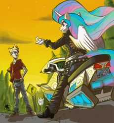 Size: 860x929 | Tagged: safe, artist:theartrix, princess celestia, anthro, human, beckoning, biker, biker princess from equestria, boots, clothes, high heel boots, hoverbike, jacket, jeans, pants, shoes