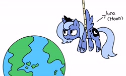 Size: 5796x3510 | Tagged: safe, artist:strangiesleepy, princess luna, alicorn, pony, cute, earth, filly, planet, pony bigger than a planet, rope, simple background, solo, woona, younger