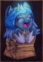 Size: 2512x3596 | Tagged: safe, artist:blindcoyote, princess luna, alicorn, pony, bag, cute, eyes closed, filly, glowing horn, happy, magic, open mouth, paper bag, smiling, solo, uncanny valley, woona