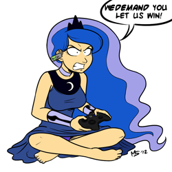 Size: 962x962 | Tagged: safe, artist:megasweet, artist:monochromatic, princess luna, angry, barefoot, clothes, dress, feet, gamer luna, humanized, panties, purple underwear, simple background, sitting, skirt, solo, toes, traditional royal canterlot voice, underwear, upskirt, video game, xbox, xbox 360