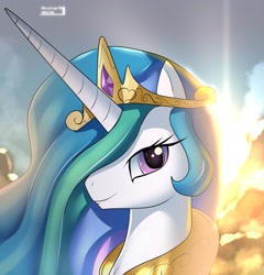 Size: 1615x1680 | Tagged: safe, artist:skyart301, princess celestia, alicorn, pony, beautiful, bust, hair over one eye, looking at you, portrait, praise the sun, sky, smiling, solo, sun, sunrise