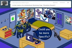 Size: 500x334 | Tagged: safe, artist:lunaprotege, artist:zeroblue4, lyra heartstrings, princess luna, oc, oc:midnight blossom, bat pony, pony, ask, ask sburb ponies, bed, blue shift, comic sans, computer, digimon, goggles, gun, headphones, hope poster, n7 valkyrie, pokémon, sword, tumblr, yu-gi-oh! 5d's