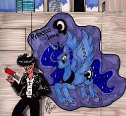 Size: 1360x1252 | Tagged: safe, artist:newyorkx3, princess luna, human, graffiti, self insert, traditional art