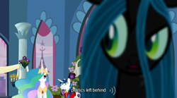 Size: 640x355 | Tagged: safe, screencap, princess celestia, queen chrysalis, shining armor, alicorn, changeling, changeling queen, pony, unicorn, a canterlot wedding, female, mlp-captions, youtube caption