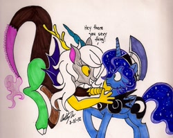 Size: 1520x1210 | Tagged: safe, artist:newyorkx3, discord, eris, prince artemis, princess luna, alicorn, pony, arteris, dialogue, female, male, rule 63, shipping, straight, traditional art