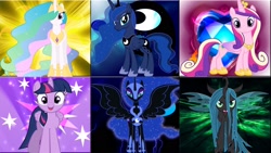 Size: 1920x1080 | Tagged: safe, artist:mr-kennedy92, nightmare moon, princess cadance, princess celestia, princess luna, queen chrysalis, twilight sparkle, twilight sparkle (alicorn), alicorn, changeling, changeling queen, pony, choice, cutie mark, vector, wallpaper