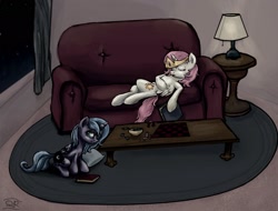 Size: 2104x1601 | Tagged: safe, artist:quintessantriver, princess celestia, princess luna, alicorn, pony, chess, filly, interior, on back, sitting, sleeping, sofa