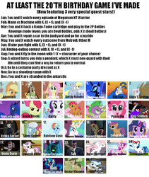 Size: 958x1136 | Tagged: safe, apple bloom, applejack, babs seed, derpy hooves, discord, dj pon-3, doctor whooves, fluttershy, gilda, king sombra, nightmare moon, nurse redheart, pinkie pie, princess cadance, princess celestia, princess luna, queen chrysalis, rainbow dash, rarity, scootaloo, shining armor, silver spoon, spike, sunset shimmer, sweetie belle, twilight sparkle, twilight sparkle (alicorn), uncle curio, vinyl scratch, alicorn, changeling, changeling queen, griffon, pony, banjo kazooie, birthday game, exploitable meme, female, homestuck, mann vs machine, mare, megaman nt warrior, metroid, metroid: other m, splotcher, spy, team fortress 2, the tick, vriska serket