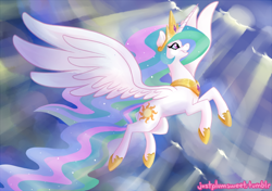 Size: 700x494 | Tagged: safe, artist:justplumsweet, princess celestia, alicorn, pony, female, flying, horn, mare, multicolored mane, solo, white coat