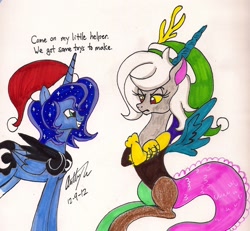 Size: 1356x1252 | Tagged: safe, artist:newyorkx3, discord, eris, prince artemis, princess luna, alicorn, pony, arteris, christmas, displeased, hat, rule 63, santa hat, traditional art