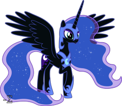 Size: 8820x7610 | Tagged: safe, artist:90sigma, nightmare moon, princess luna, alicorn, pony, absurd resolution, dilated pupils, nicemare moon, nightmare luna, raised hoof, simple background, smiling, solo, spread wings, transparent background, vector