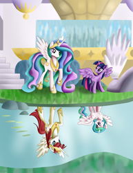 Size: 1696x2195 | Tagged: safe, artist:xeladuart, princess celestia, twilight sparkle, twilight sparkle (alicorn), oc, oc:fausticorn, alicorn, pony, female, lauren faust, mare, reflection, role reversal