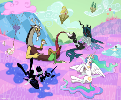 Size: 2000x1662 | Tagged: dead source, safe, artist:rgevskiy, artist:victory-san, discord, nightmare moon, princess celestia, queen chrysalis, alicorn, changeling, changeling queen, draconequus, pony, bondage, chaos, cloud, cotton candy, cotton candy cloud, discorded landscape, erotic tickling, feather, female, fetish, floating island, food, green sky, hoof tickling, hooves, male, mare, tickle fetish, tickle torture, tickling