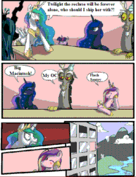 Size: 462x600 | Tagged: safe, discord, princess cadance, princess celestia, princess luna, trixie, twilight sparkle, alicorn, pony, employer meme, exploitable meme, forced meme, hejibits, implied big macintosh, implied flash sentry, implied oc, meme, ponified