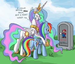 Size: 1105x949 | Tagged: safe, princess celestia, rainbow dash, alicorn, pegasus, pony, bitchlestia, butt, celestia's grave meme, crossover, crying, exploitable meme, female, grave, implied death, luigi's mansion, mare, mario, meme, plot, super mario bros.