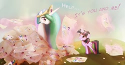 Size: 1280x670 | Tagged: safe, artist:mechagen, princess celestia, twilight sparkle, alicorn, pony, blushing, drawing, female, filly, filly twilight sparkle, pile, younger