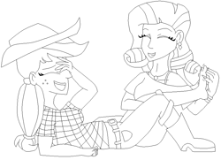 Size: 847x614 | Tagged: safe, artist:sabri2000, applejack, rarity, human, collaboration, barefoot, belt, boots, bracelet, clothes, cute, ear piercing, earring, eyes closed, feet, female, fetish, foot fetish, humanized, jackabetes, jeans, jewelry, laughing, lesbian, lineart, monochrome, necklace, open mouth, pants, piercing, raribetes, rarijack, shipping, shoes, simple background, tickling, white background