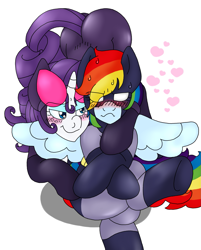 Size: 1601x1988 | Tagged: safe, artist:blackbewhite2k7, rainbow dash, rarity, pegasus, pony, unicorn, batman, batmare, bent over, blushing, catwoman, crossed legs, crossover, female, hanging, heart, hug, lesbian, plot, raridash, rearity, shipping, sitting, the ass was fat