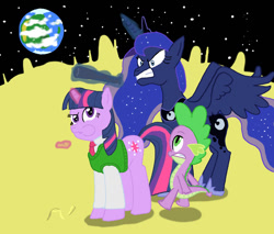 Size: 1024x872 | Tagged: safe, artist:kinrah, princess luna, spike, twilight sparkle, alicorn, dragon, pony, unicorn, a grand day out, cheese, moon, sweater vest, this will end in pain, wallace and gromit