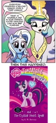 Size: 497x1082 | Tagged: safe, idw, princess celestia, trixie, twilight sparkle, alicorn, pony, my little pony chapter books, twilight sparkle and the crystal heart spell, spoiler:comic, spoiler:comic08, comic, continuity, crystal heart, lol