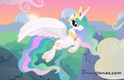 Size: 3487x2256 | Tagged: safe, artist:drawponies, princess celestia, alicorn, pony, flying, solo, sunset