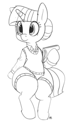 Size: 1115x1920 | Tagged: safe, artist:pabbley, twilight sparkle, alternate hairstyle, clothes, grayscale, hair bun, monochrome, notepad, simple background, sitting, solo, sweater, thighlight sparkle, thunder thighs, white background, wide hips